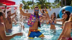 A man in a colorful vest is splashing water on people in a pool.